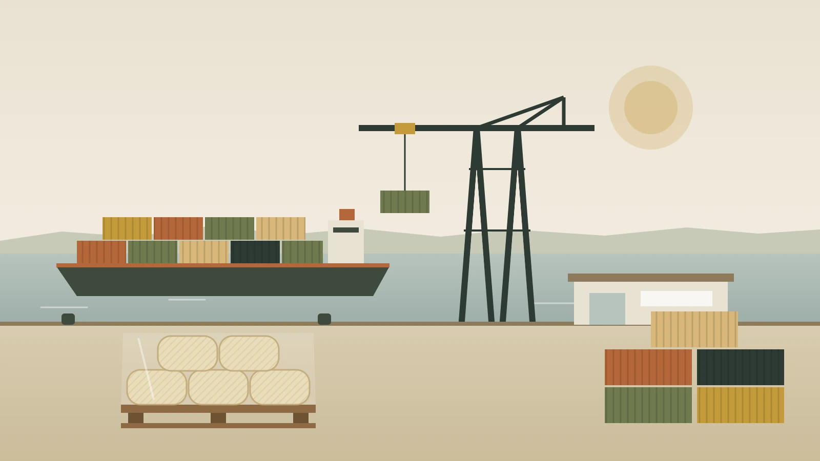 Illustration of a European container port, with pallets of dried herb sacks on the quay