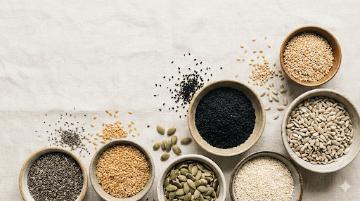 Top-down view of assorted agricultural seeds (Golden Sesame, Black Cumin/Nigella, Flax) in ceramic bowls - Bulk Export Quality from HS Herbs.