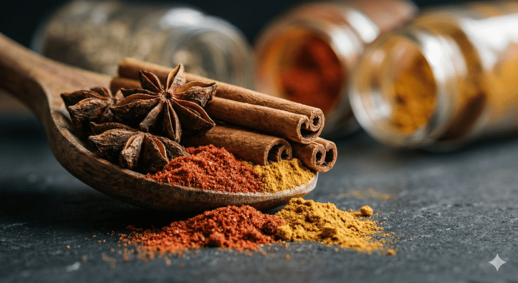 High-quality assortment of whole and ground spices (Cinnamon, Star Anise, Paprika) - Premium Egyptian Spices Supplier for Bulk Export.
