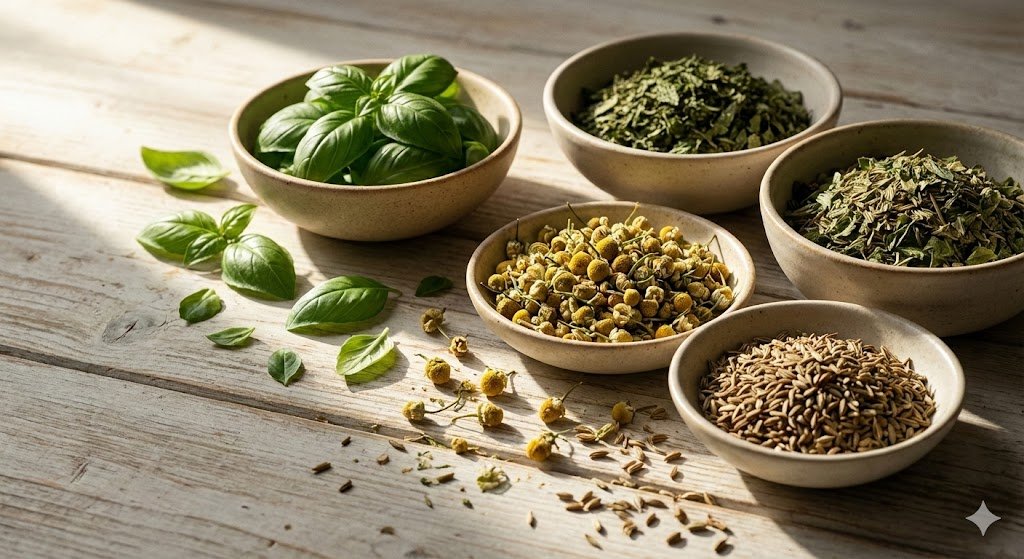 Dynamic burst of premium Egyptian dried herbs, spices, and agricultural seeds (Basil, Peppermint, Cumin) - Bulk Wholesale Export from Fayoum.